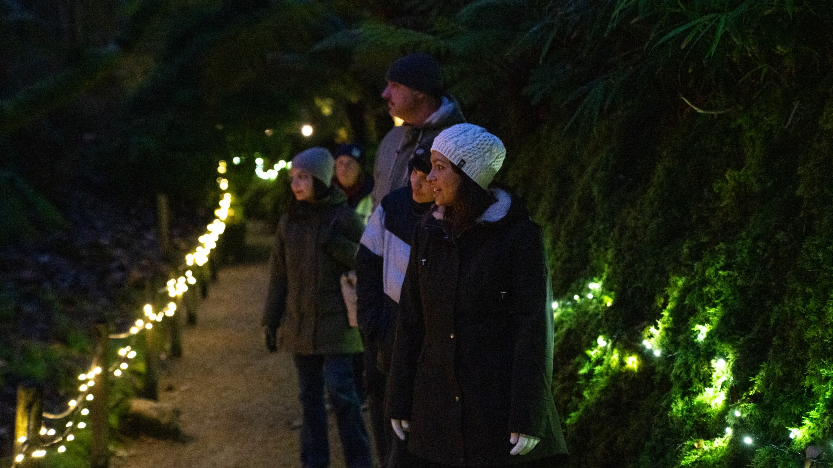 A family dressed in winter clothing (wooly hats and coats) walking on a gravel path in the night. The path is lit with a string of warm white fairy lights.