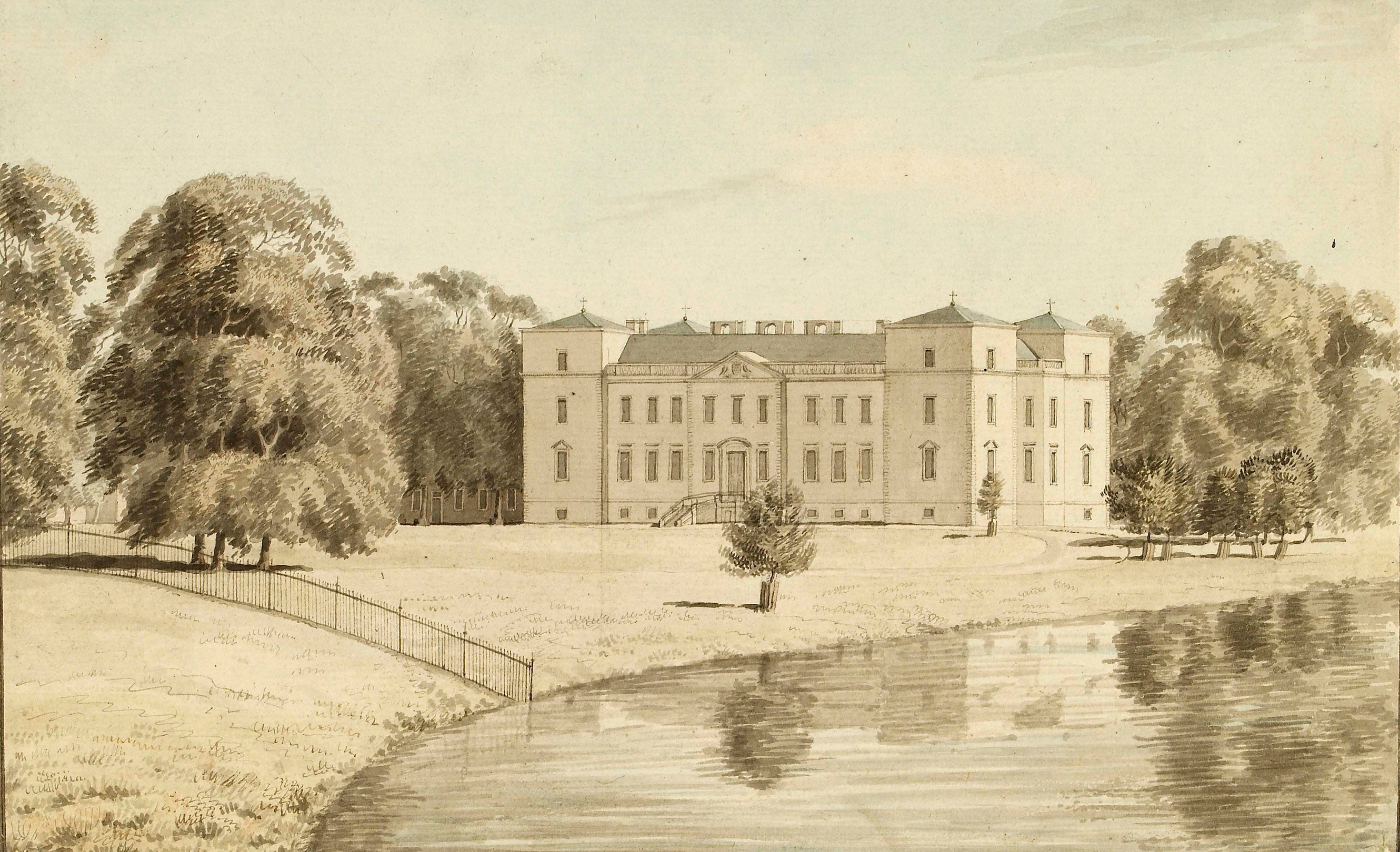 Historical watercolour painting of Croome with fine black paintwork on a cream background. Painted in 179