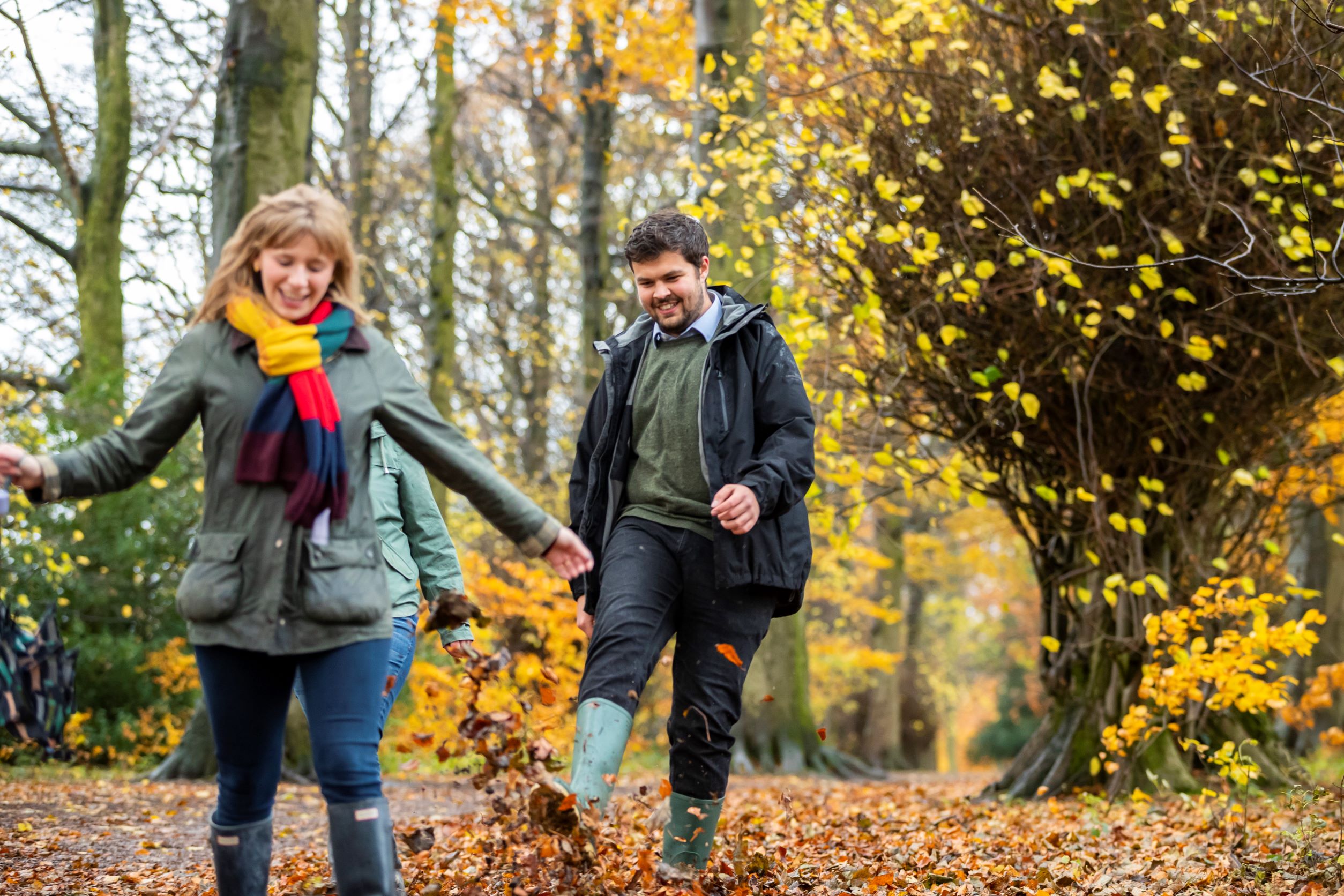Two visitors walking through a woodland in the autumn