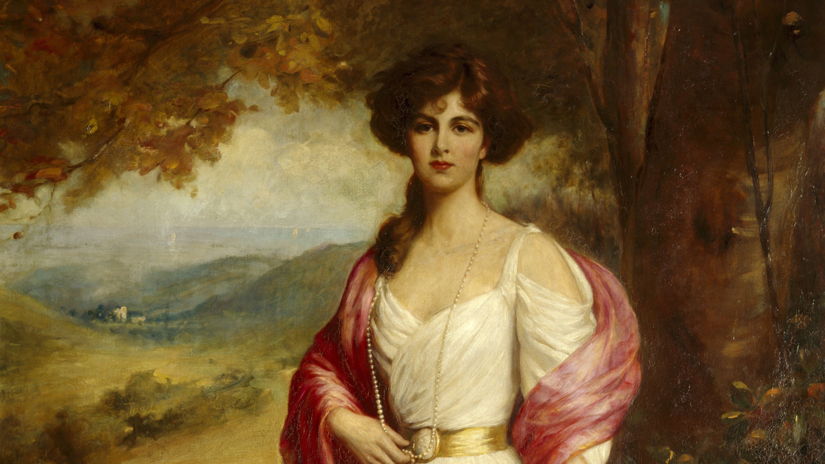 A painting at  at Beningbrough Hall showing Lady Chesterfield wearing a white dress and pink shawl with fields behind her