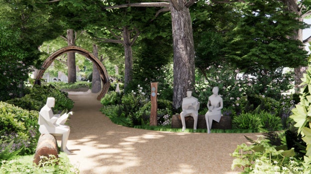 Artist impression of a woodland with paths and illustrations of people sat on benches