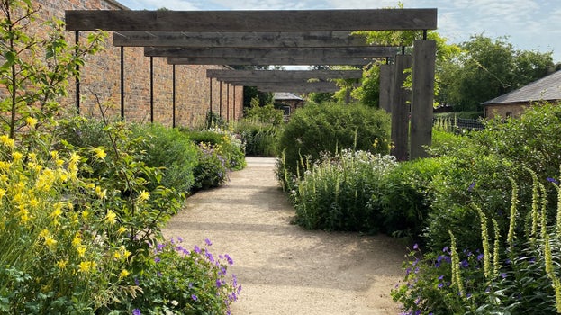 Winding path through billowing floral beds on either side and oak beams overhead