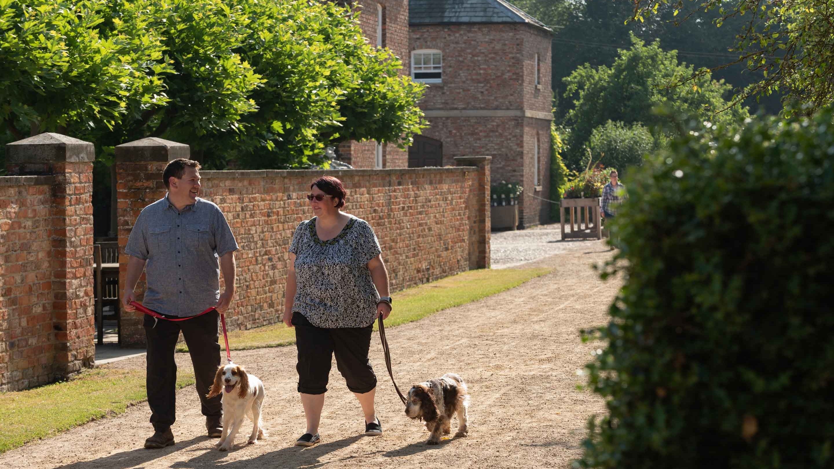 Two visitors walking their dogs along a path at Beningbrough Hall