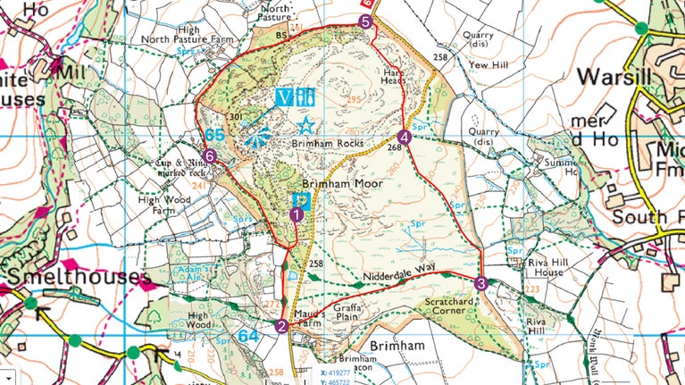 An Ordnance Survey map outlining a circular route around the boundary of Brimham Rocks, Yorkshire.