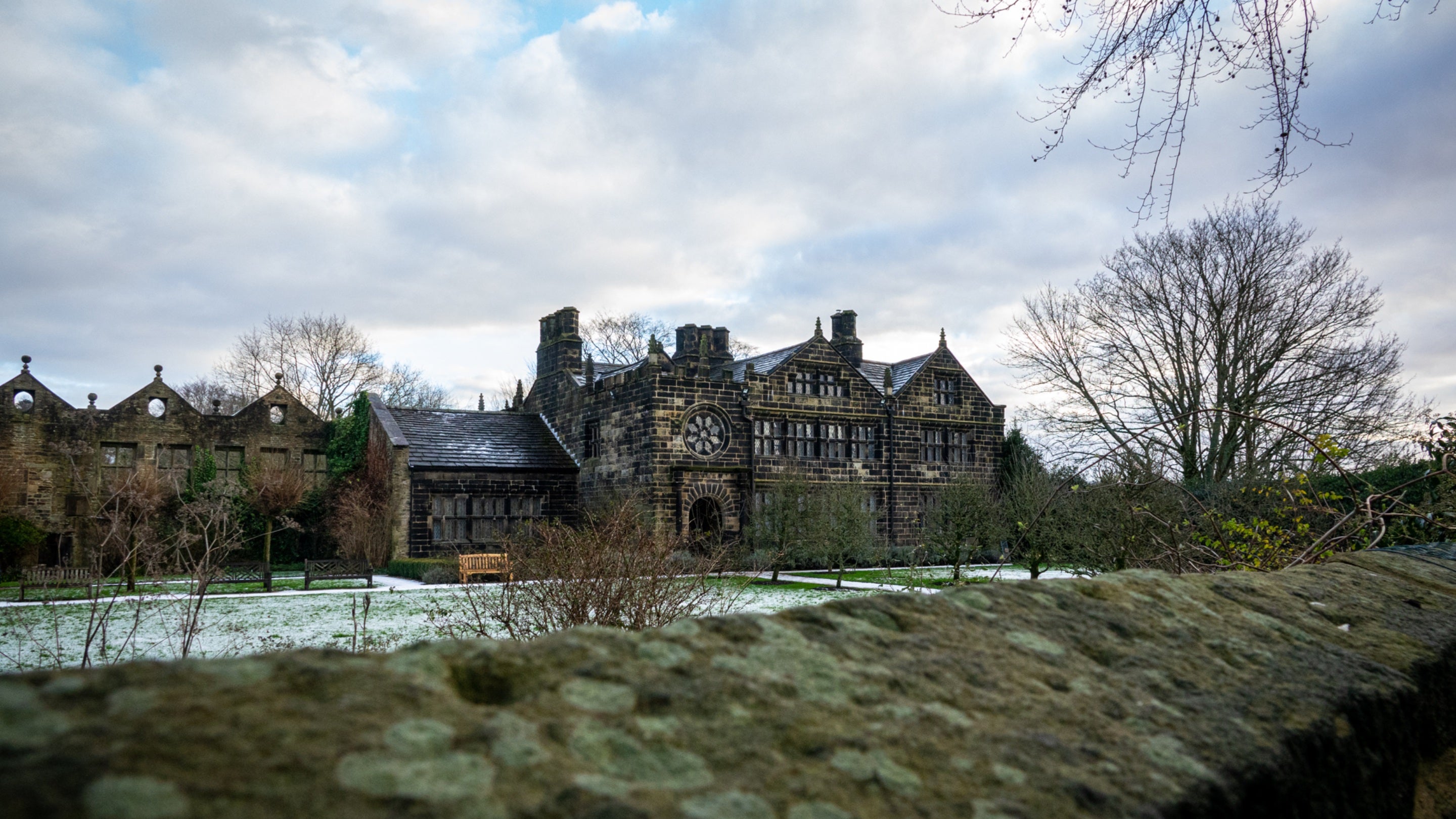East Riddlesden Hall and formal gardens in winter