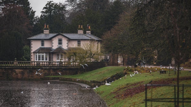 The Studley Royal tea room and entrance building beside the water garden lake, with birds gathering along the shoreline and mature woodland in the background.