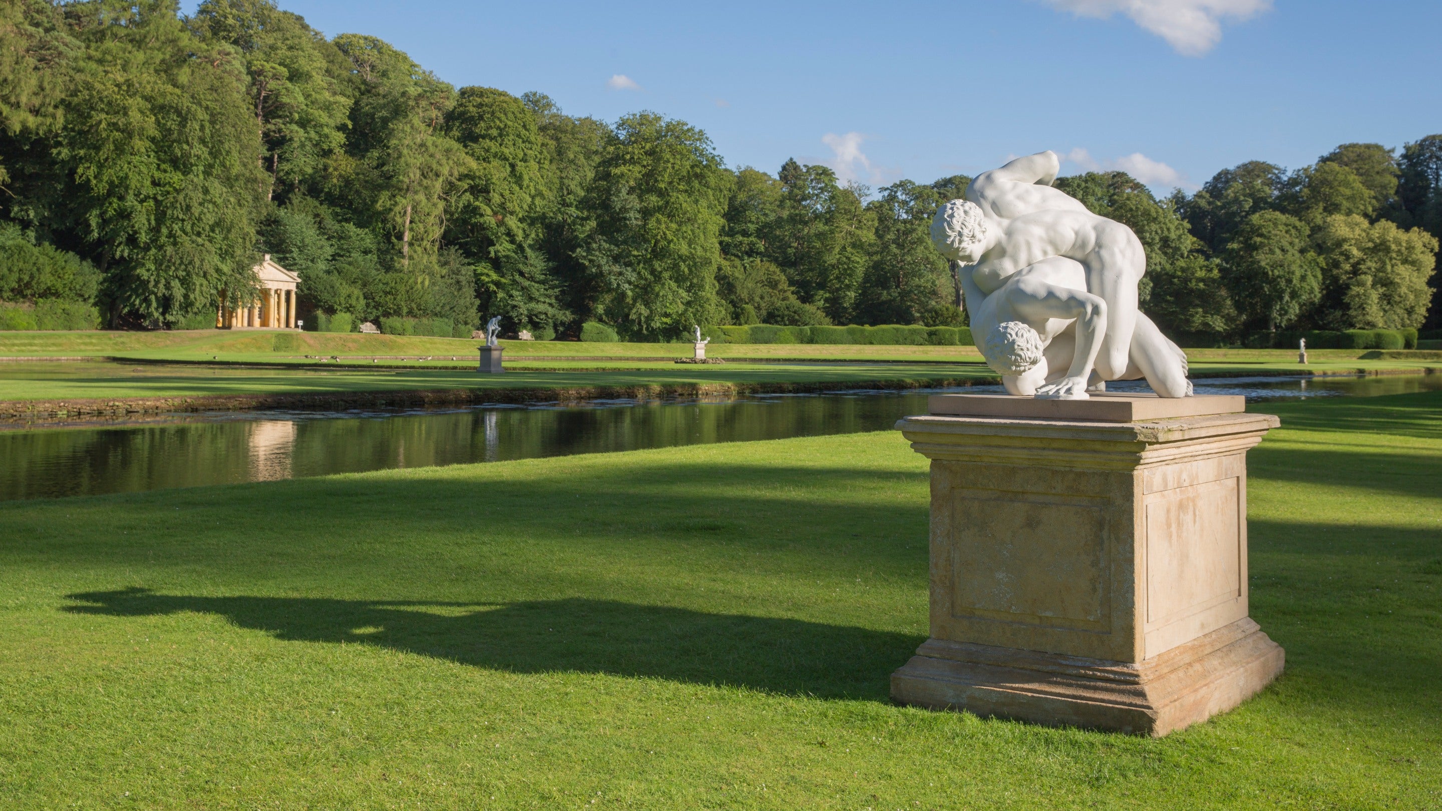 The restored statue of the Wrestlers at Fountains Abbey and Studley Royal Water Garden, North Yorkshire.