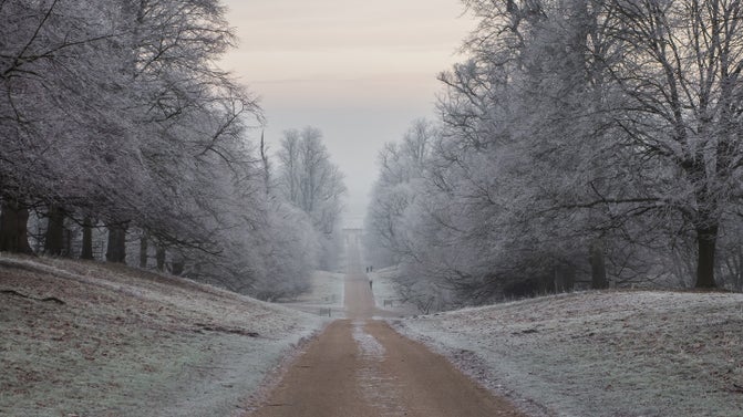 The view though Studley Royal deer park lookint towards Ripon Cathedral on a cold frosty day.