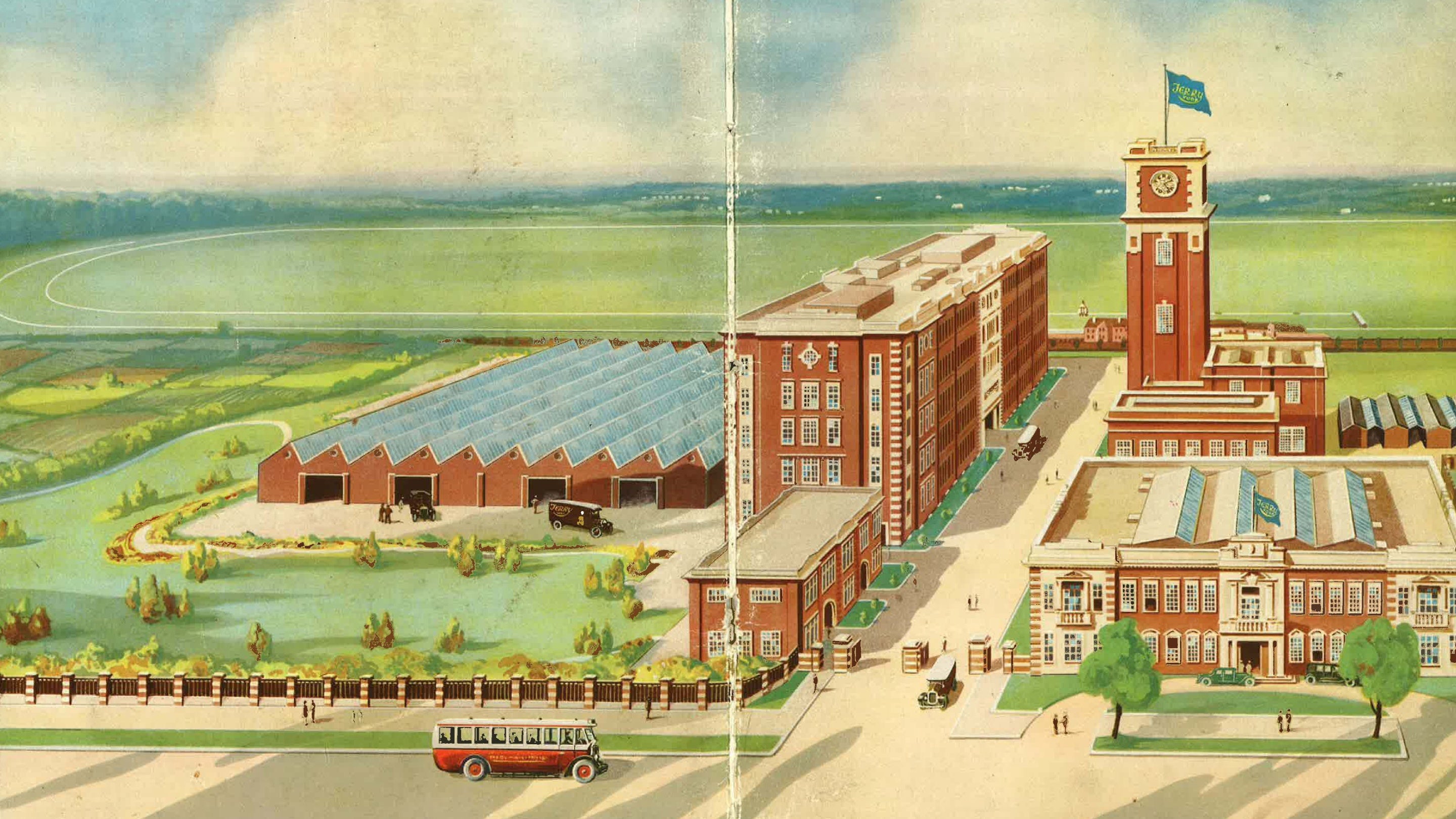 Old cover showing a large factory with tall tower and smaller buildings and roads