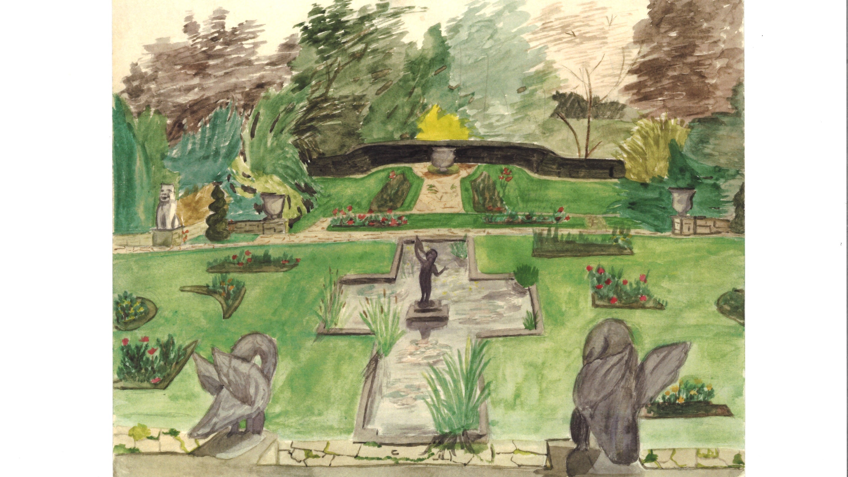 Watercolour sketch of a garden with statues and trees