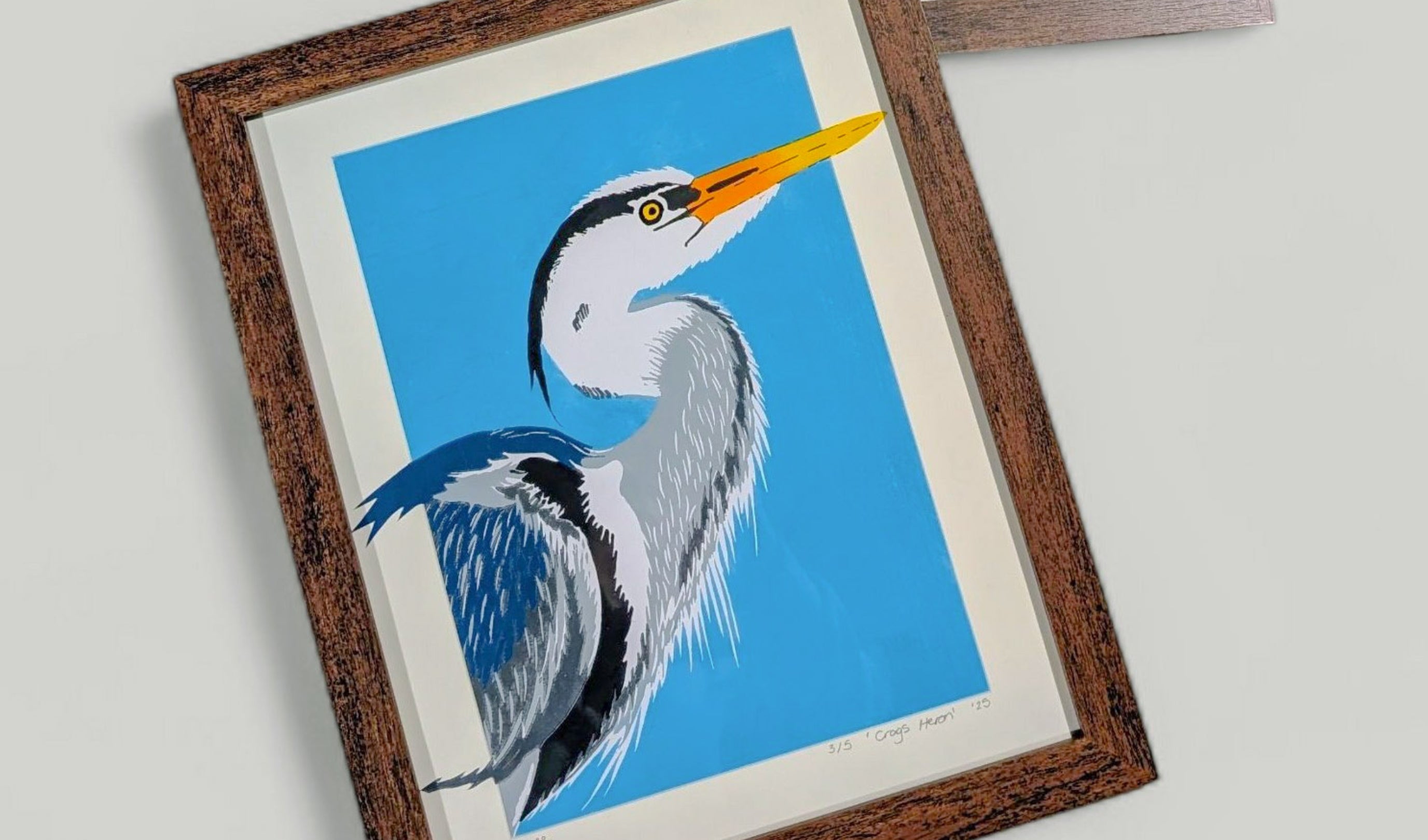 A lino print of a heron at Hardcastle Crags, Yorkshire