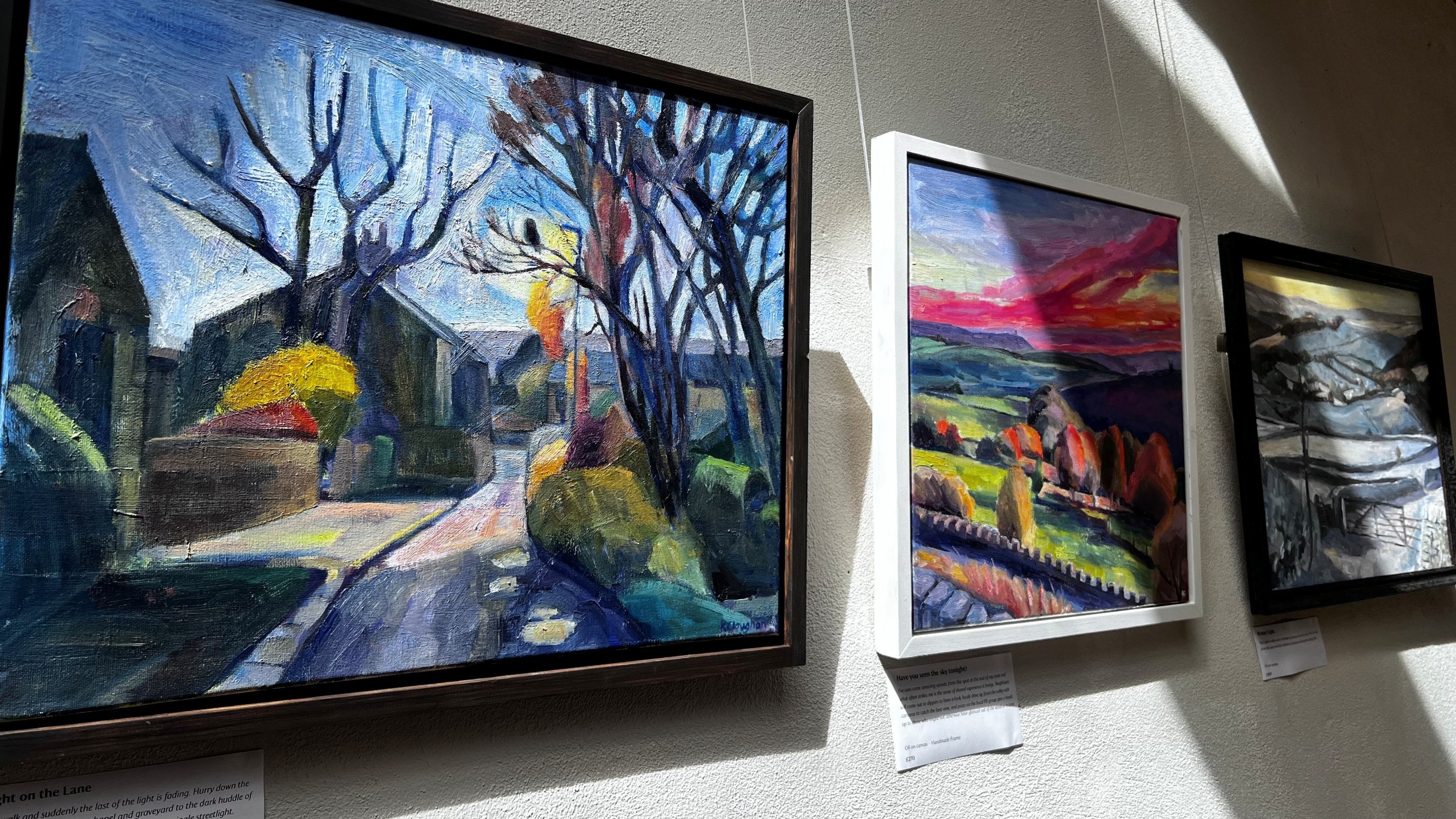 Three paintings of colourful landscapes hang on a white wall