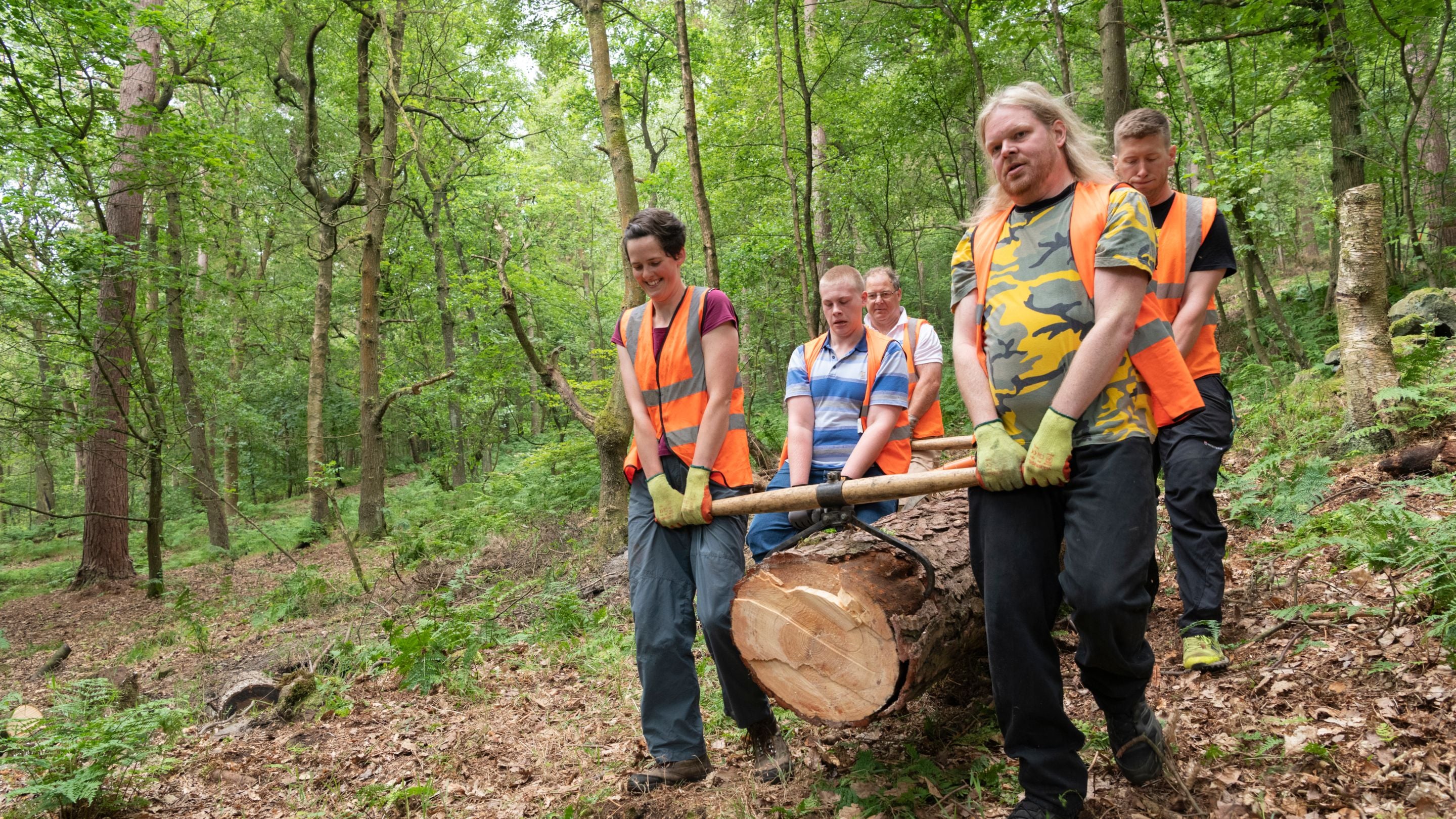 5 volunteers carrying a large log at Hardcastle Crags, Yorkshire