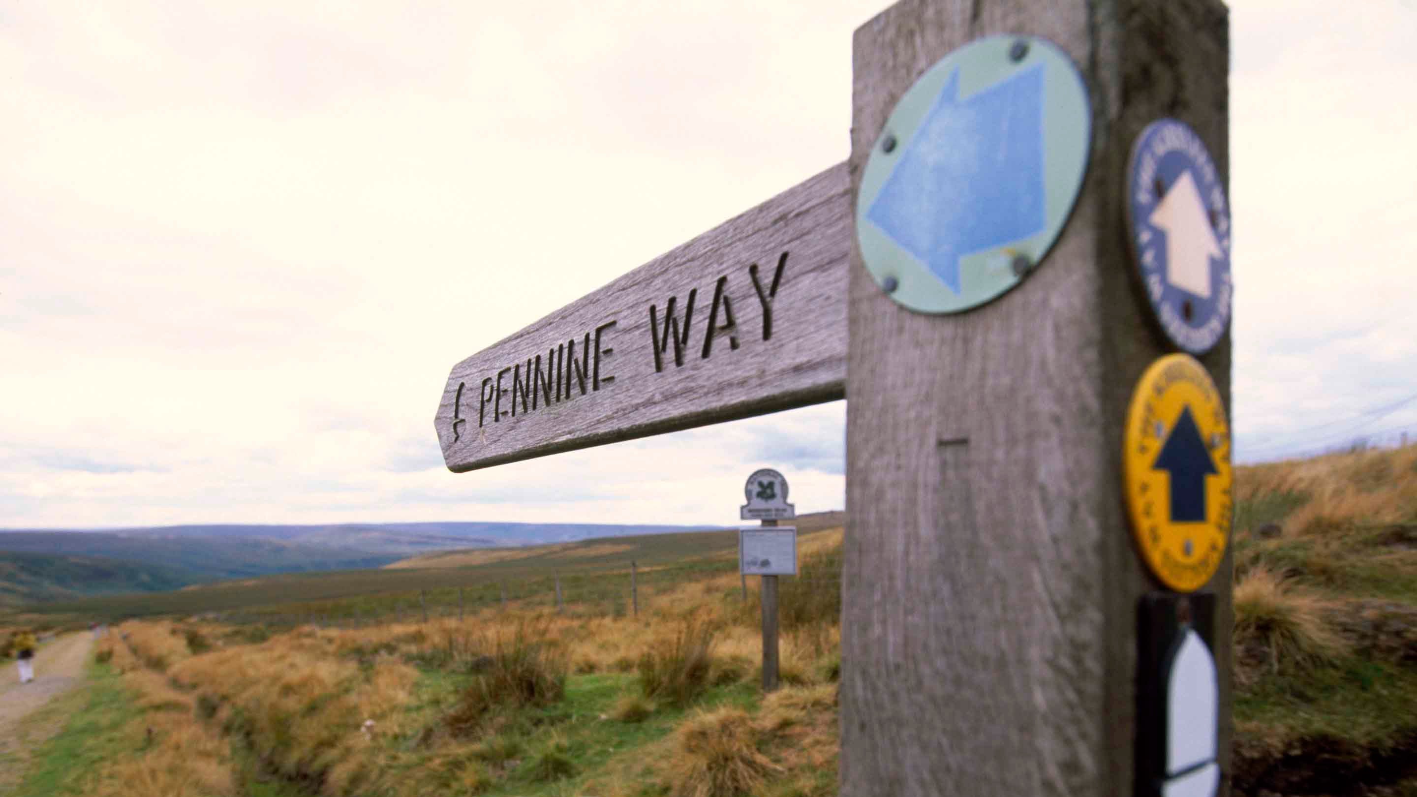 A wooden signpost showing The Pennine Way on this footpath on Buckstones Moor, part of the Marsden Moor Estate