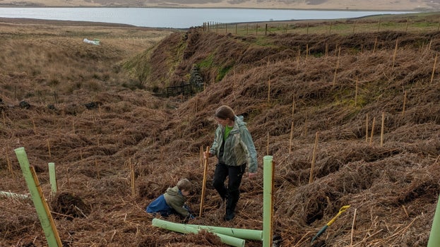 A mother and son planting trees with a body of water in the background