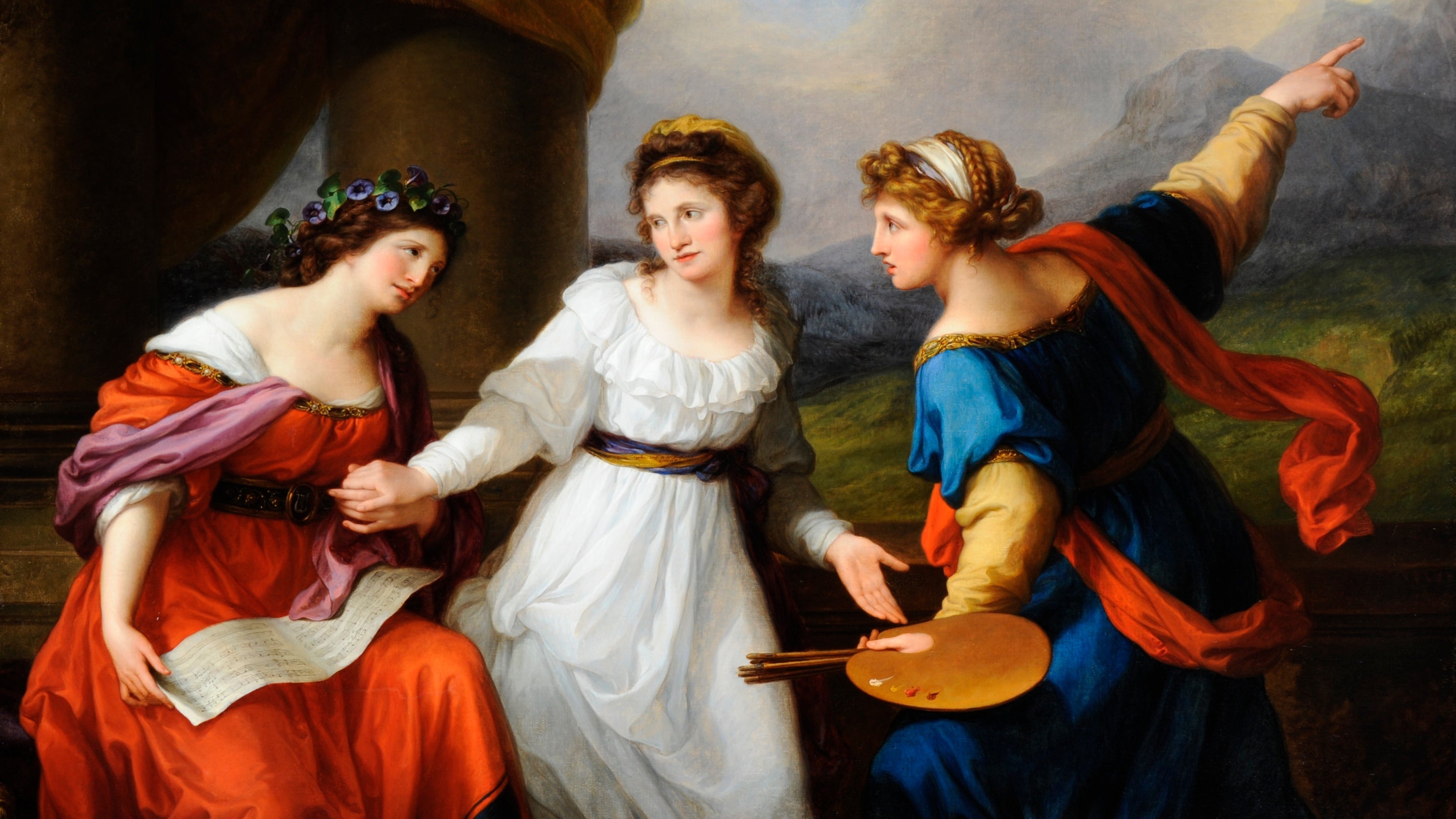 Self-portrait of the Artist hesitating between the Arts of Music and Painting by Angelica Kauffman, displayed at Nostell in Yorkshire, showing three women.