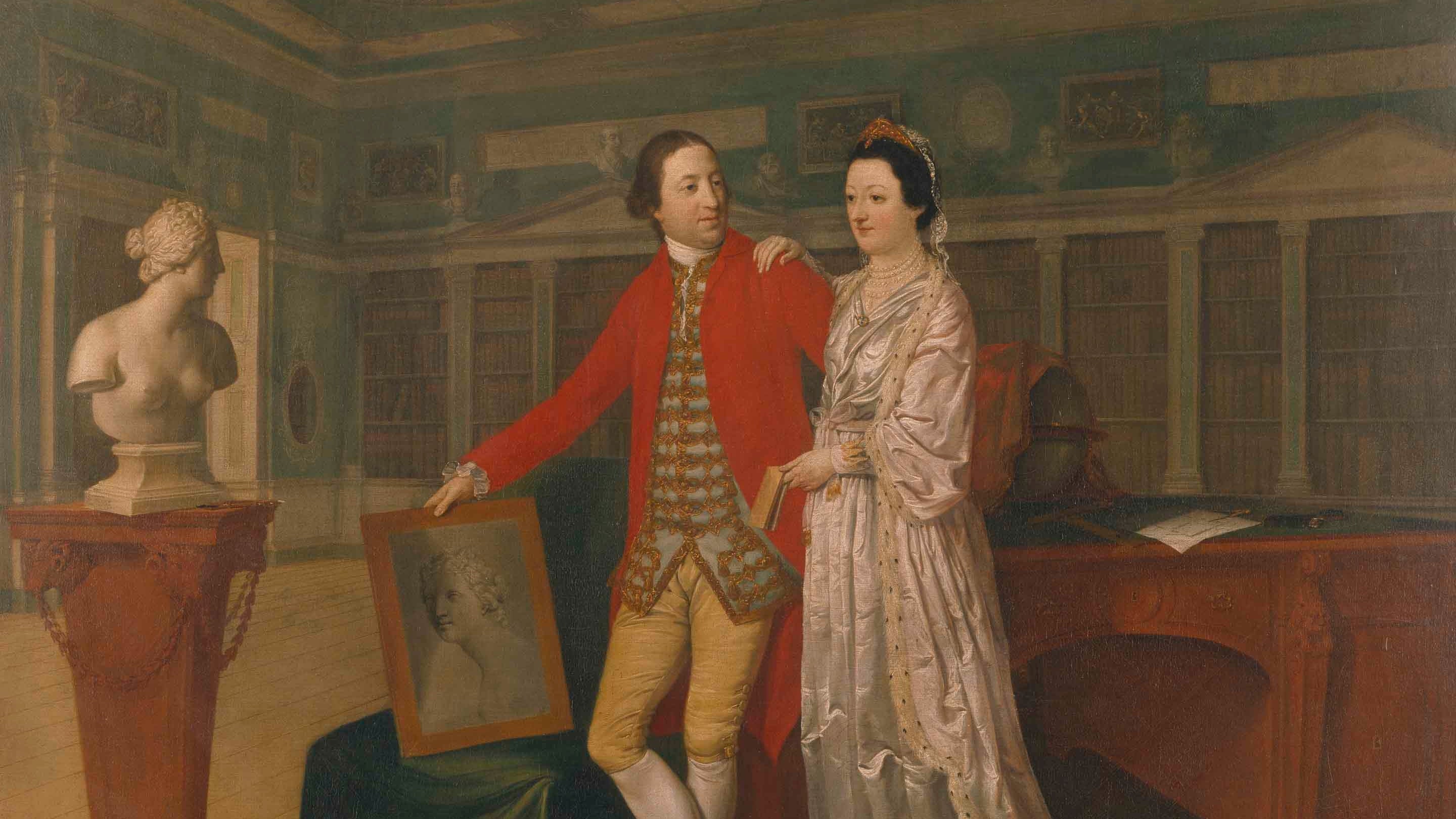 Oil painting on canvas of Sir Rowland Winn and his wife Sabine Louise d'Hervart in the library at Nostell Priory, by Hugh Douglas Hamilton RHA