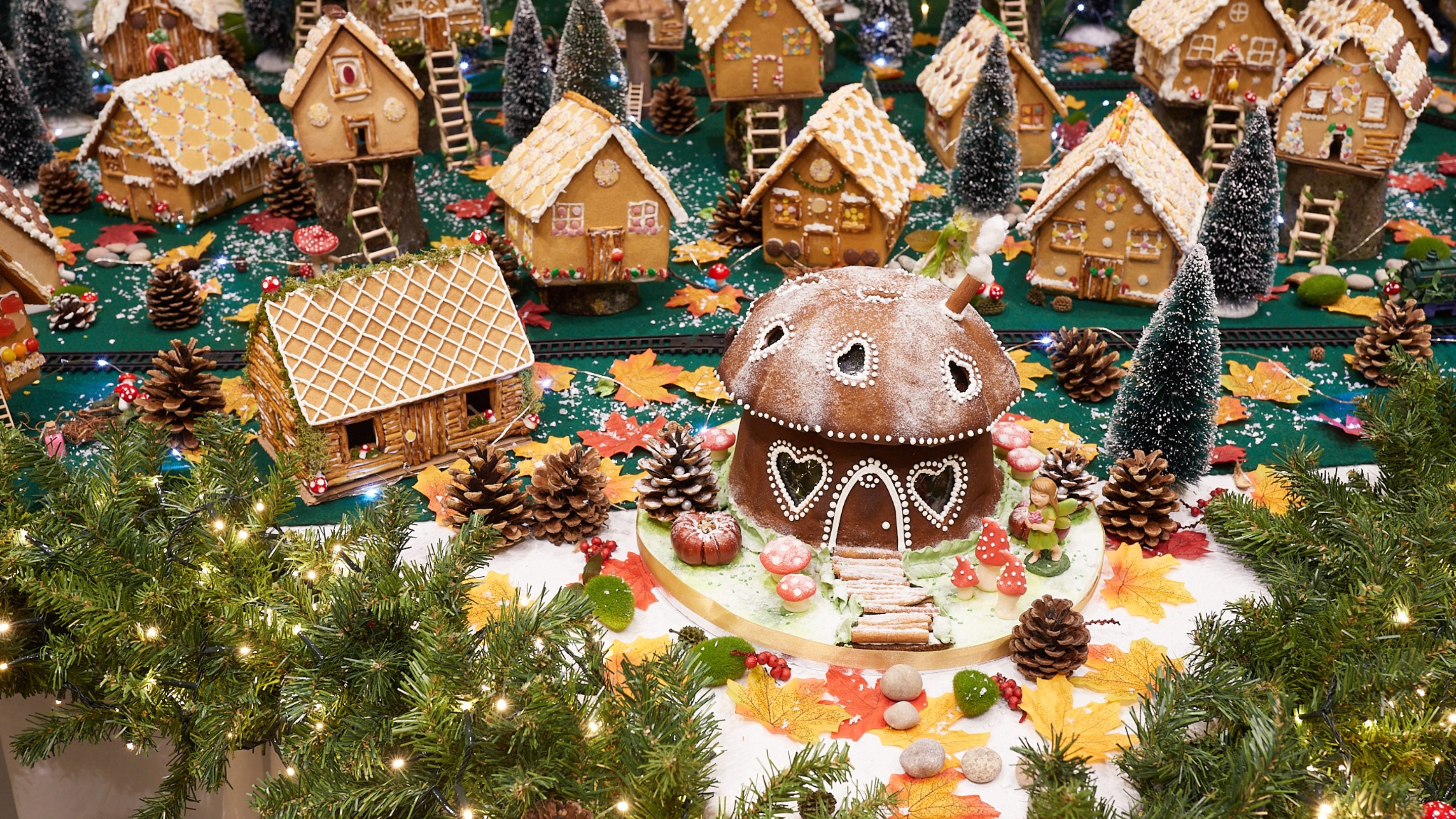 A close up of iced gingerbread houses in the house at Nostell at Christmas