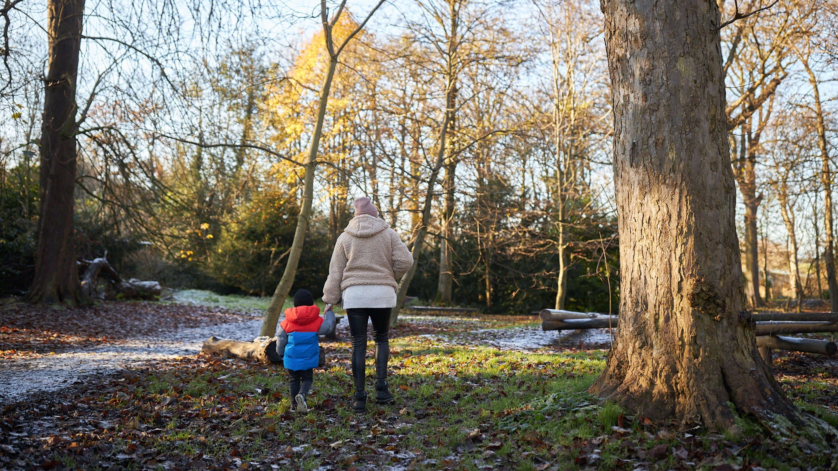 Mother and son walking in the woodland at Nostell