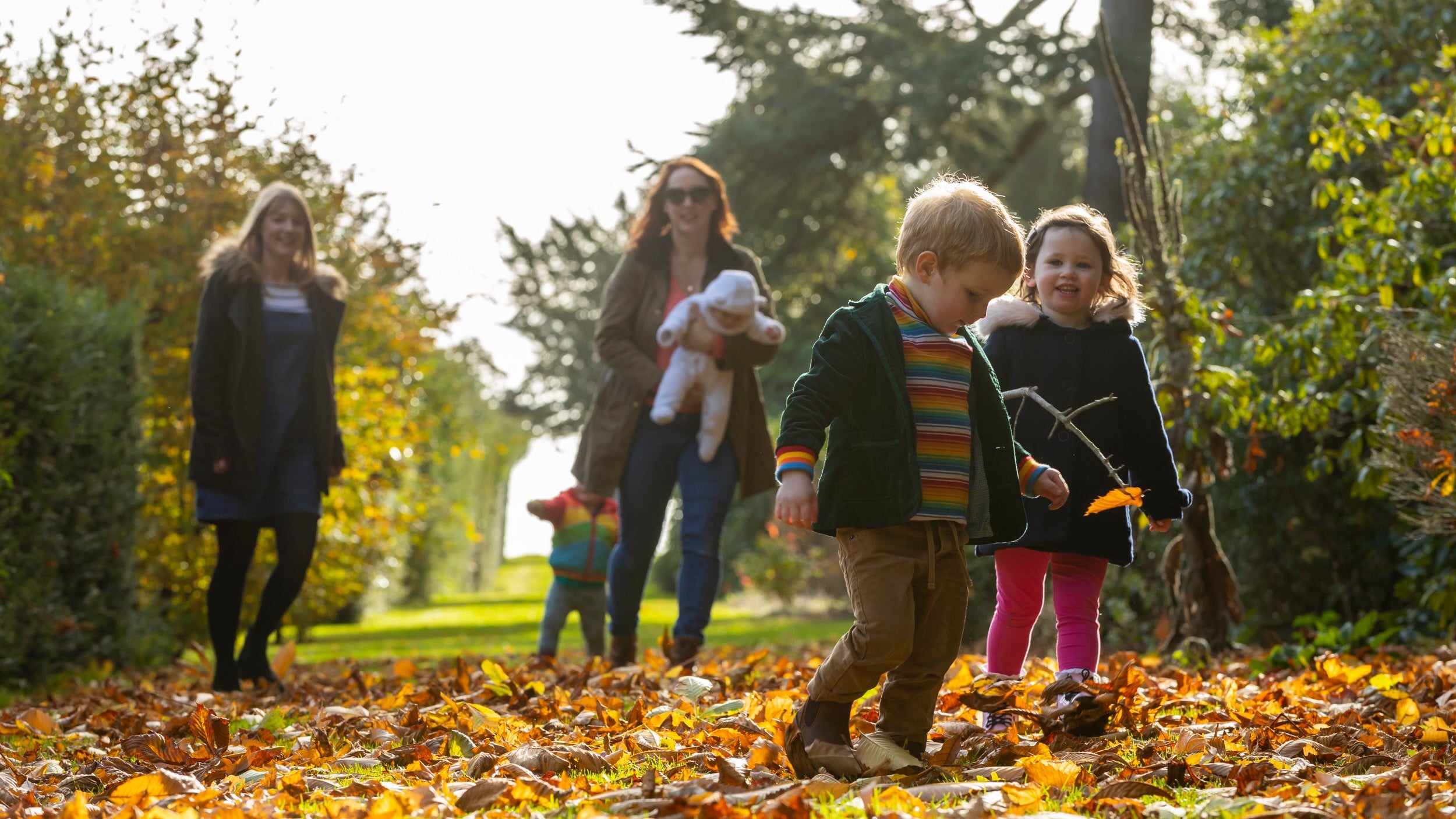 Family walking through fallen leaves on autumnal day