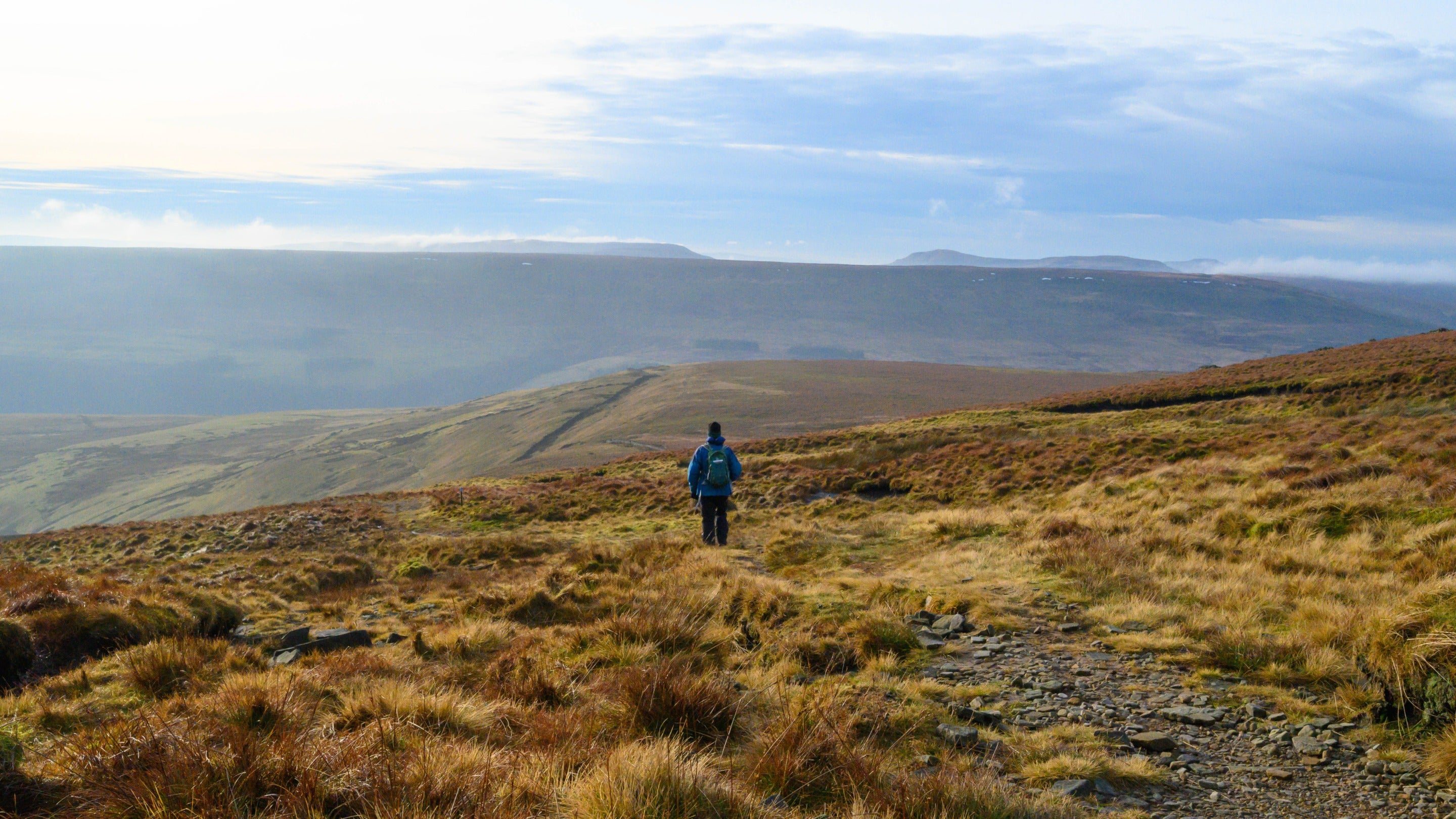 Walker looking down the valley at Upper Wharfedale, Yorkshire Dales